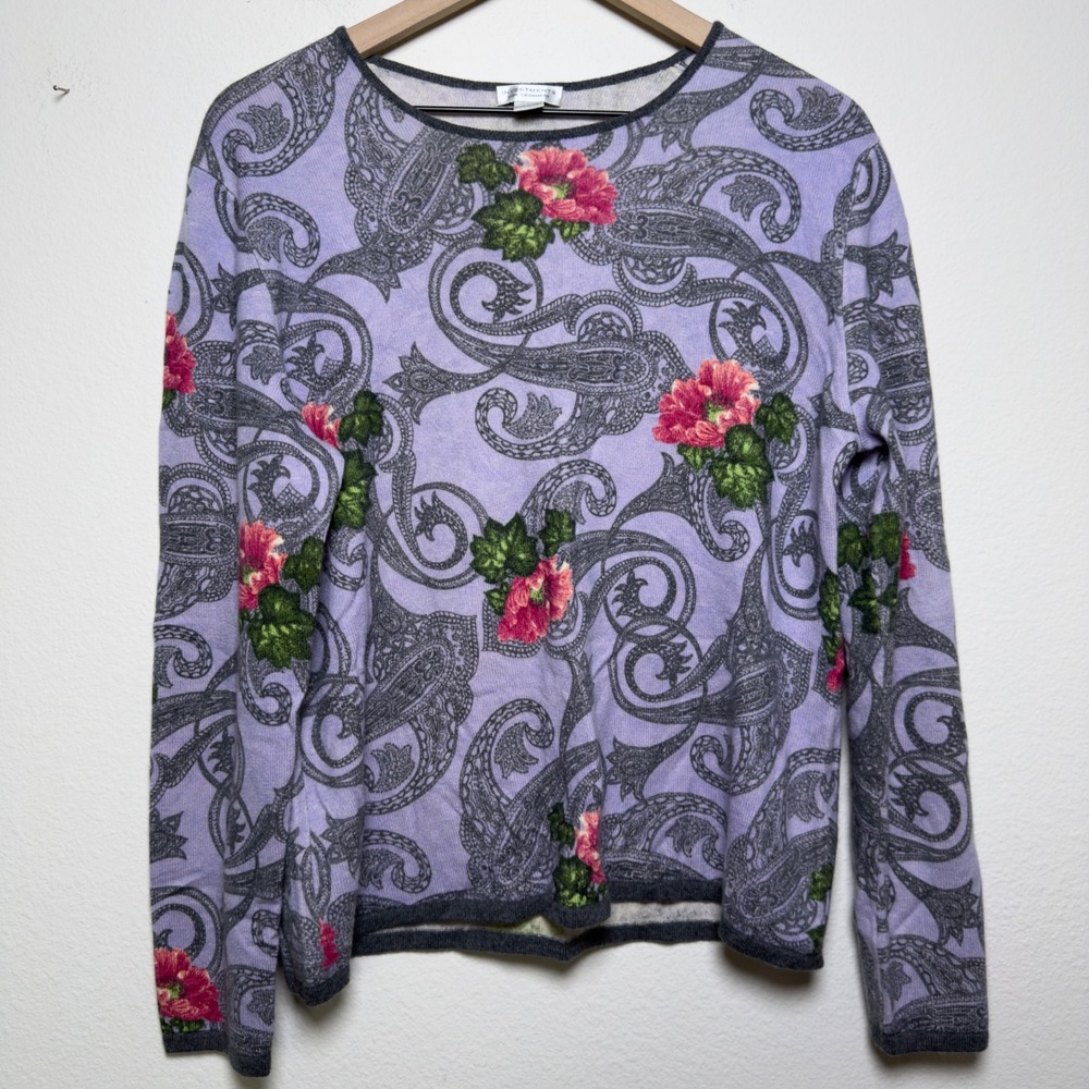 Investments Womens 100% Cashmere Sweater Large Purple Floral Paisley Artsy